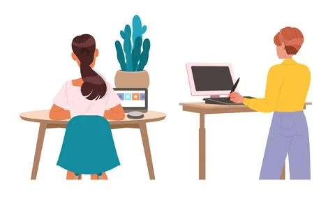 A modern workspace illustration depicts two people engaged in productive work Stock Illustration