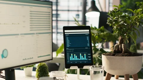 Modern workspace with key performance indicators data on display Stock Footage 305752968