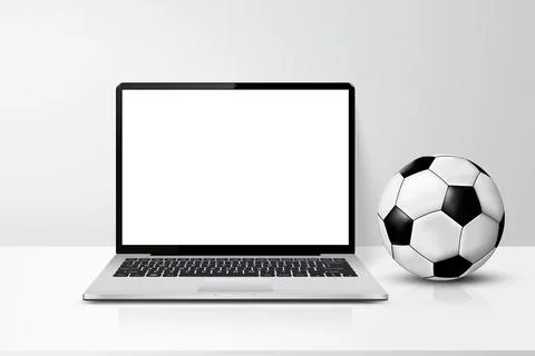 Modern workspace with laptop computer and soccer ball on desk. Vector illustr Stock Illustration
