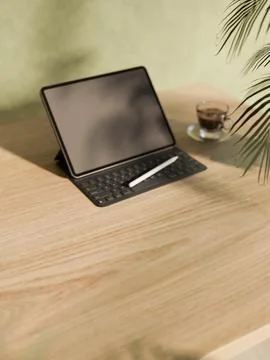 Modern workspace mockup with tablet stylus coffee cup on wooden table 3D re.. Stock Illustration