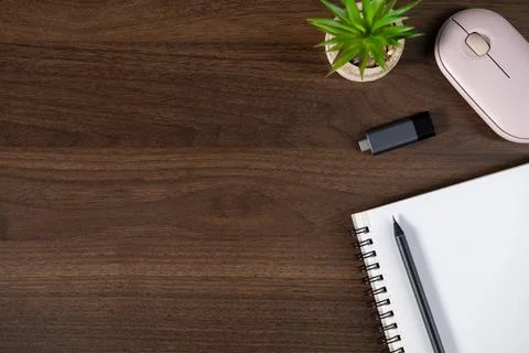 Modern workspace with notebook, pen, usb drive, potted plant, and wireless mo Stock Photos