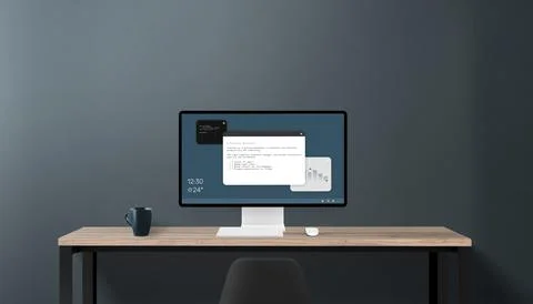 Modern workspace setup with active computer display, desktop interface in use Stock Photos