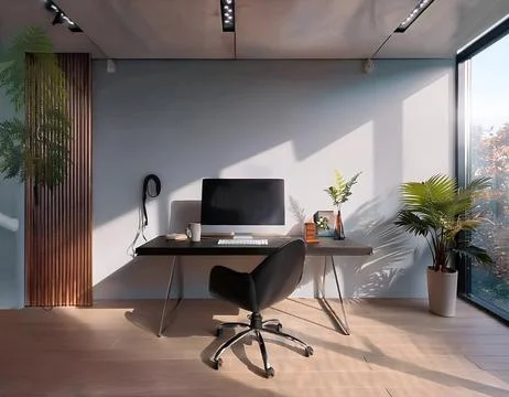 Modern workspace with sleek desk, computer, chair, cabinet, and decor in a .. Illustrazione stock