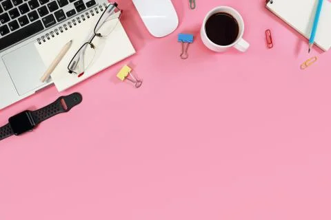 Modern workspace table top view with laptop computer, coffee cup Stock Photos
