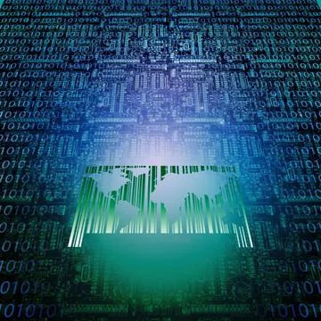 Modern world Binary code, world map and bar code. Copyright: xZoonar.com/B... Stock Photos