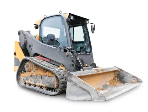 Modern yellow compact track loader isolated on white. Dirty heavy construct.. Stock Photos
