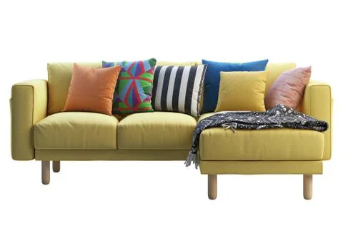 Modern yellow fabric sofa with colored pillows. 3d render Stock Illustration