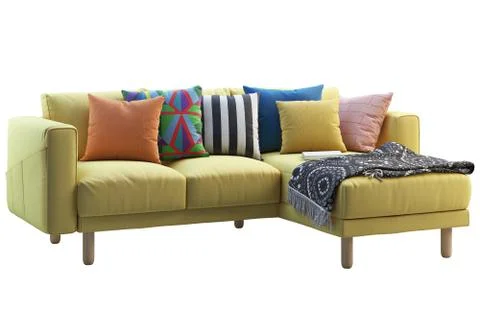 Modern yellow fabric sofa with colored pillows. 3d render Stock Illustration