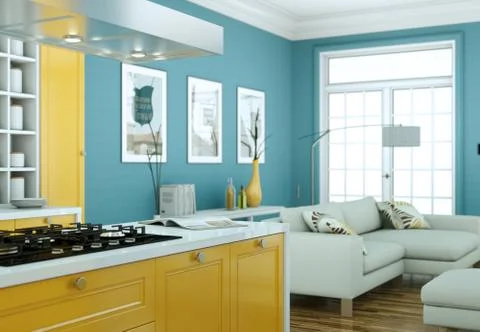 Modern yellow kitchen interior design illustration Stock Illustration