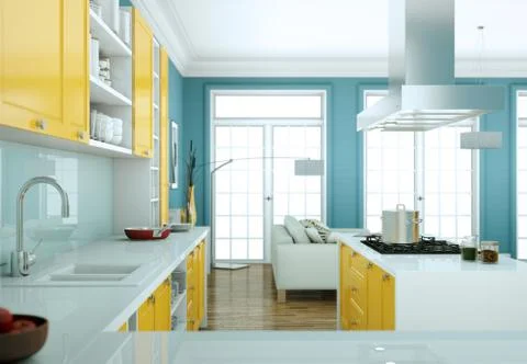 Modern yellow kitchen interior design illustration Stock Illustration