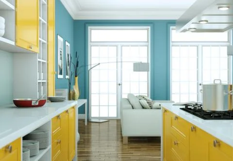 Modern yellow kitchen interior design illustration Stock Illustration