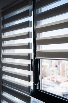Modern zebra window blinds filtering daylight with soft city background Foto stock