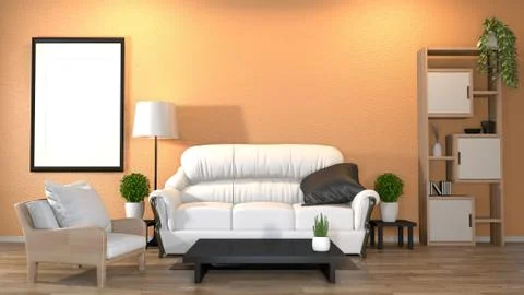 Modern zen interior with sofa and green plants,lamp,decoration japanese style Stock Illustration