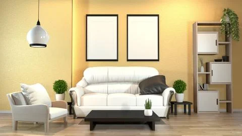 Modern zen interior with sofa and green plants,lamp,decoration japanese style Stock Illustration