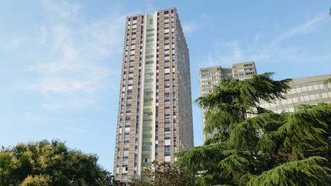 Modernist High-Rise Framed by Trees in Beaugrenelle, Paris Stock Footage 339034112