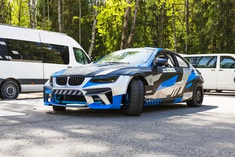 Modified BMW Drift Machine with Turbo Power and Wrap Design. Alytus, Lithuania Stock Photos