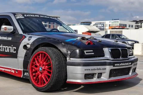 A modified drift car during a opening of the motorcycle season in Burgas Stock-Fotos