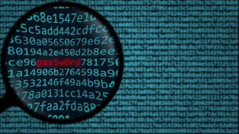 Modified word PASSWORD being found among computer symbols. 3D rendering Stock Illustration