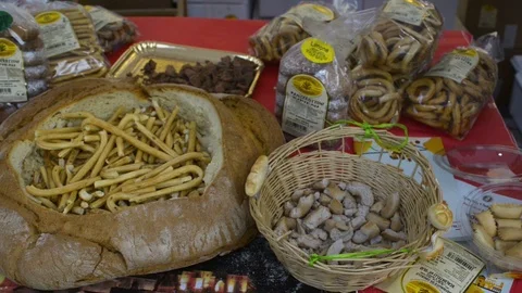 Modugno, Italy: 9 May 2018: Bakery products on display during a fair in south Stock-Footage 90185974