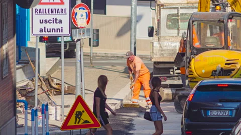 Modugno, Italy - September 10 2020: urban construction site for the repair of Video stock 142532453