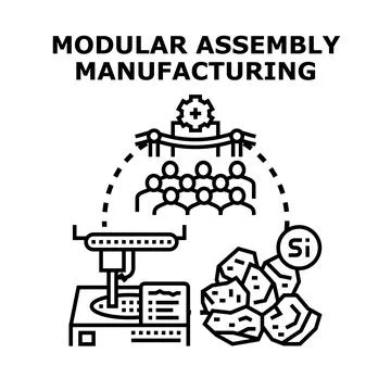 Modular assembly manufacturing process with workers and silicon materials Stock Illustration