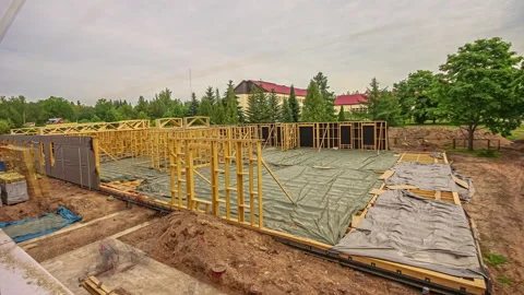 Modular Building Structure. Installing Steel Wall Frames And Trusses At Stock Footage 214828434