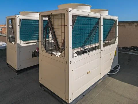 Modular chiller "cooling-heating" with air cooled condenser Stock Photos