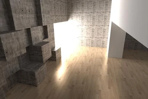 Modular concrete cubes are being shown in flat design room with white partition, Stock Photos