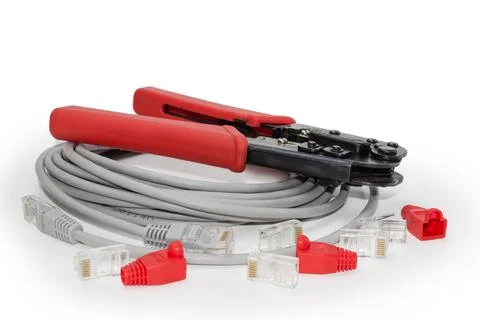Modular crimper tool and networking components close-up Stock Photos