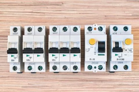 Modular electric circuit breakers, RCD and differential automatic. Stock Photos