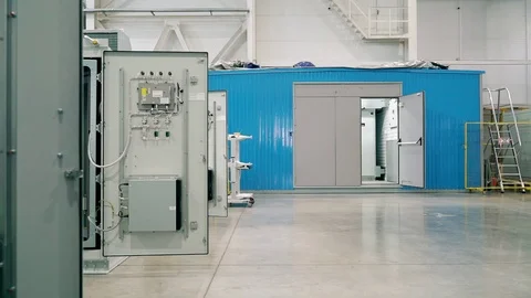 Modular electrical substation with microprocessor control. Entrance door. Video stock 105066209