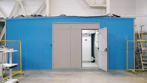 Modular electrical substation with microprocessor control. Entrance door. Video stock 105066974