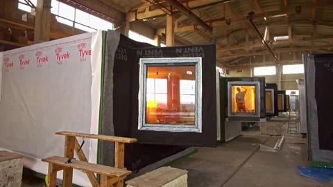 Modular homes container factory, how is made tiny house holiday let factory Stock Footage 315266385