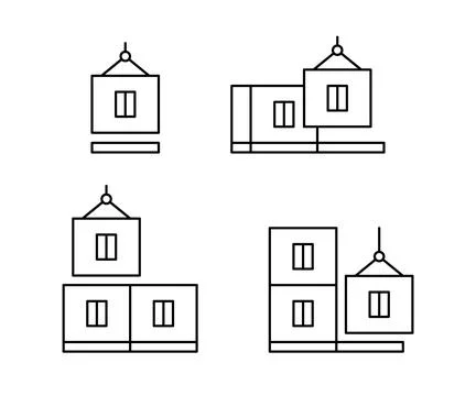 Modular house construction, line icon set. Building home from prefabricated Ilustración de archivo