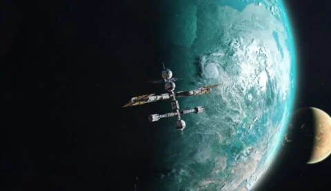 Modular Orbital Space Station and Planetary Alignment Rendering 4K Video stock 332134746