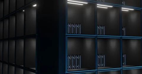 Modular server rack unit showing blue indicator lights under LED light with Stock Footage 327309338
