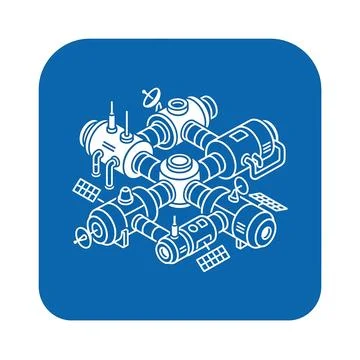 Modular space station complex blue icon showing interconnected orbital rese.. Stock Illustration