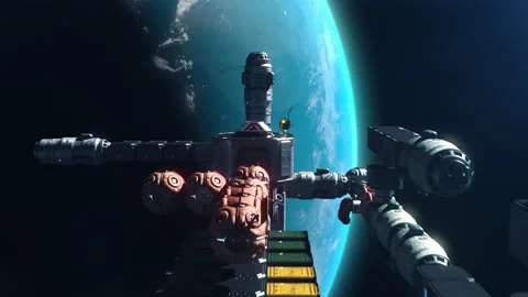 A modular spacecraft flying in space orbiting a planet Stock-Footage 257752654
