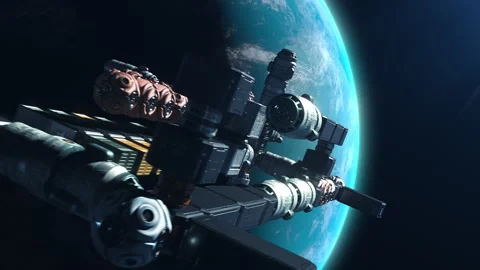A modular spacecraft flying in space orbiting a planet Stock-Footage 257752677