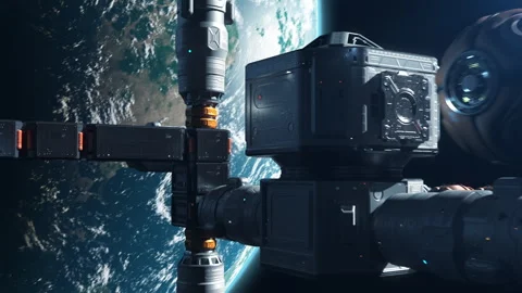 A modular spacecraft flying in space orbiting a planet Stock-Footage 257752708