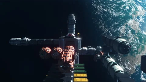A modular spacecraft flying in space orbiting a planet Video stock 257752717