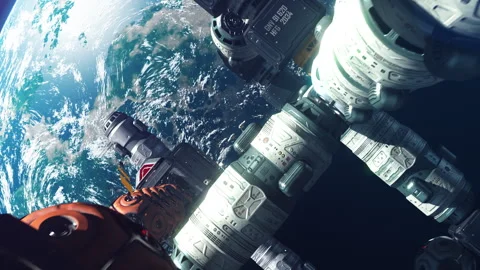A modular spacecraft flying in space orbiting a planet Stock-Footage 257752780