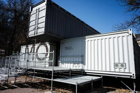 Modular temporary Module of Temporality structure built from two stacked wh.. Stock Photos