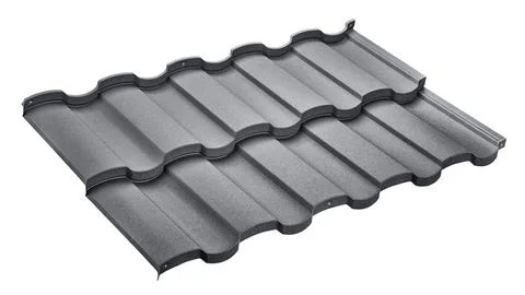 Modular tile effect roof panel. Lightweight gray steel roofing sheet isolated Stock Photos
