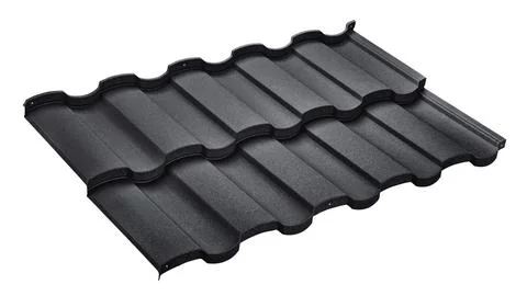 Modular tile effect roof panel. Lightweight black steel roofing sheet isolate Stock Photos