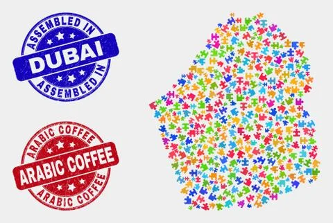 Module Dubai Emirate Map and Grunge Assembled and Arabic Coffee Watermarks Stock Illustration