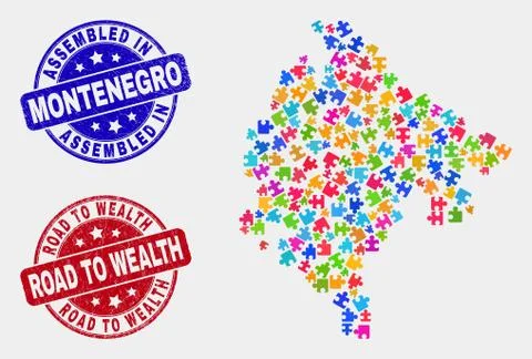 Module Montenegro Map and Grunge Assembled and Road to Wealth Watermarks Stock Illustration