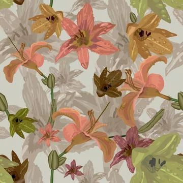 Module seamless pattern for filling the plane with lilies of pink and yellow Stock Illustration
