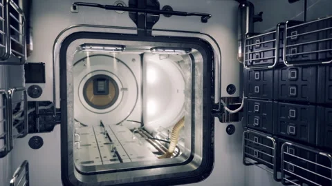 Module in space station featuring conduit systems and operational controls Stock Footage 339799802