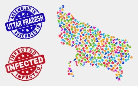 Module Uttar Pradesh State Map and Distress Assembled and Infected Stamps 스톡 일러스트